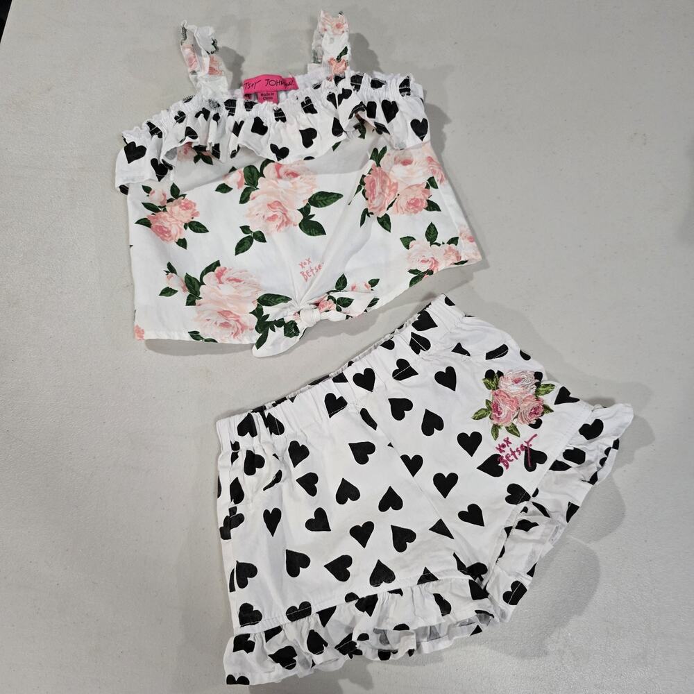 Betsey Johnson Baby Girls Floral Heart Ruffle 2PC Shorts Set White Pink 12M - Picture 3 of 7